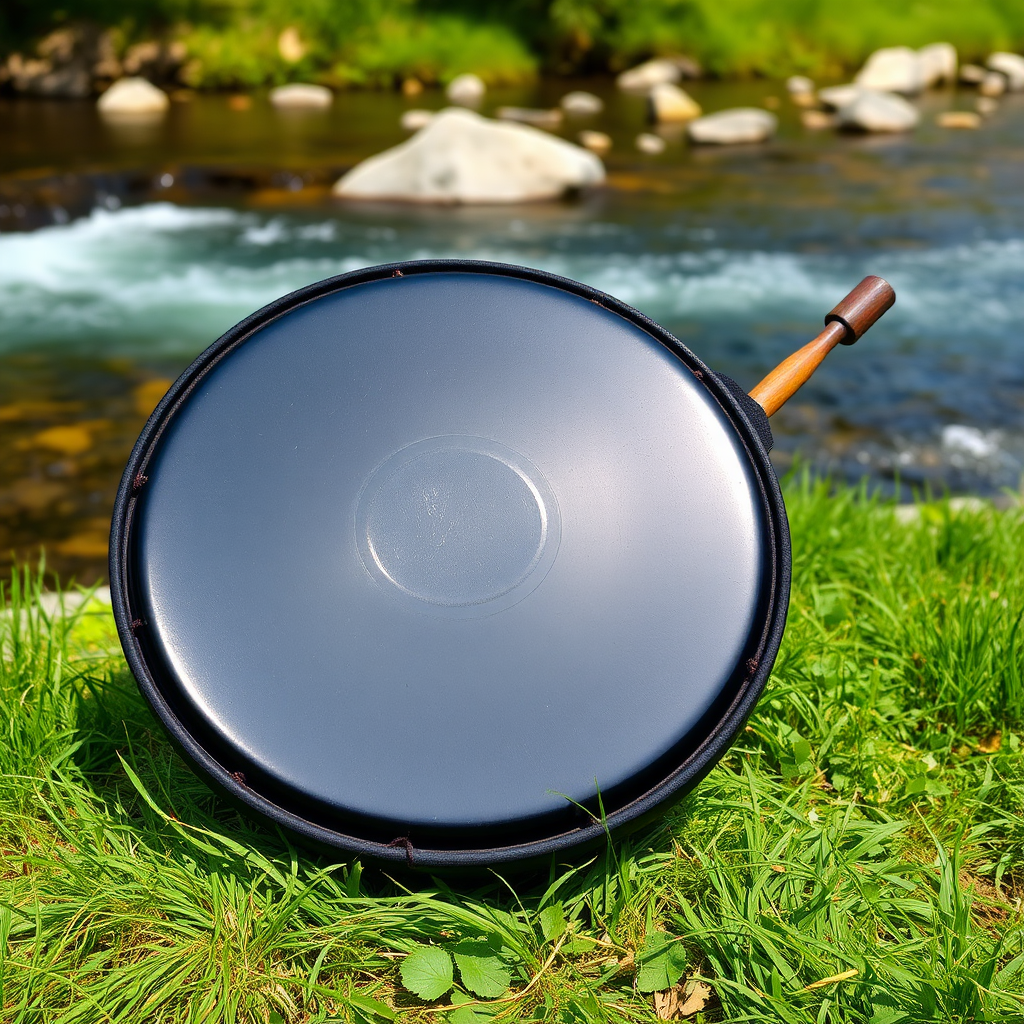 A beautiful black handpan by the clear river.