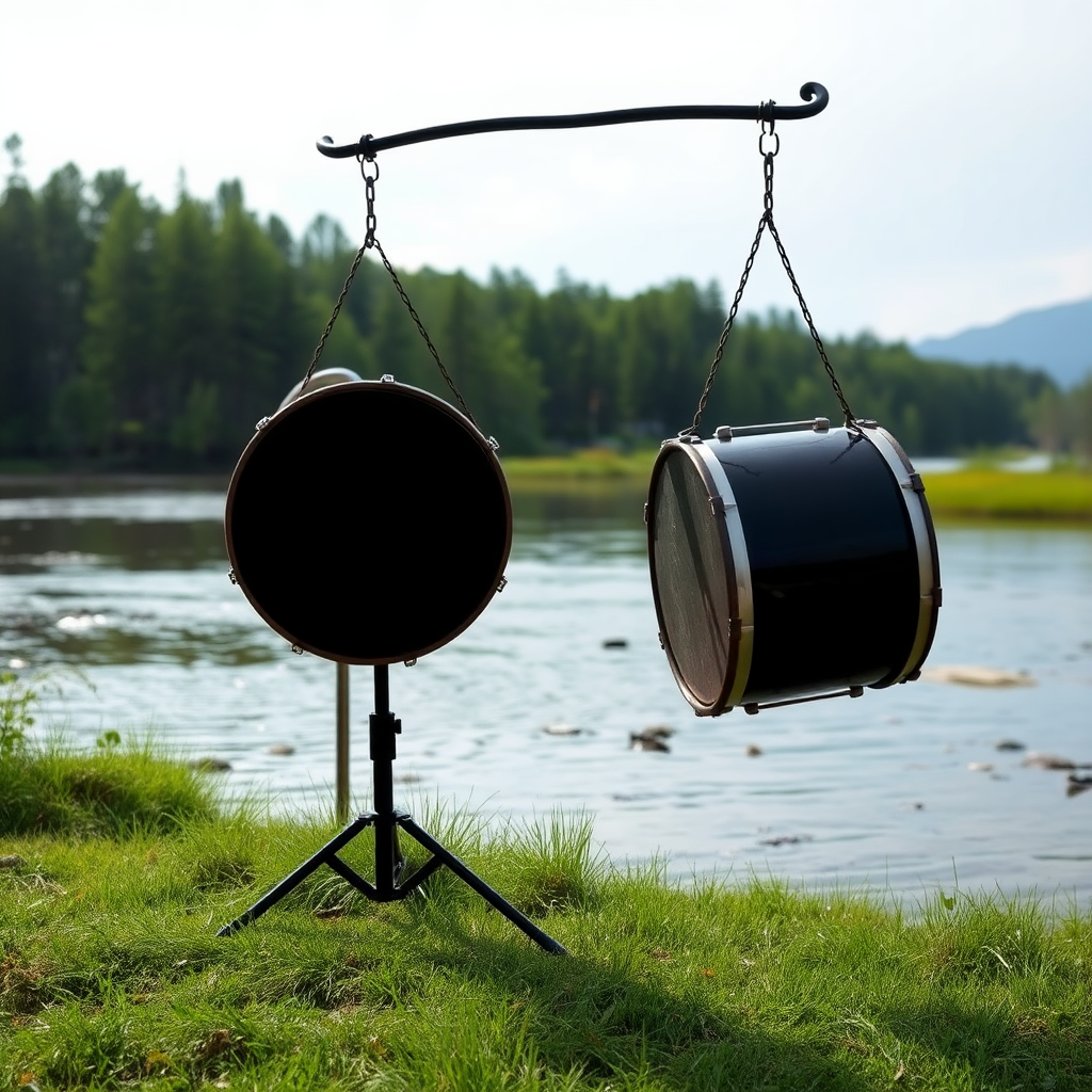 A beautiful black hang drum by the river.