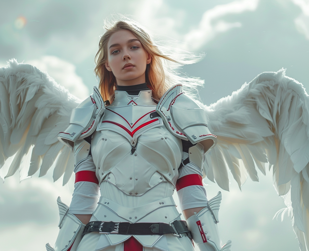 A beautiful blonde angel in white armor.