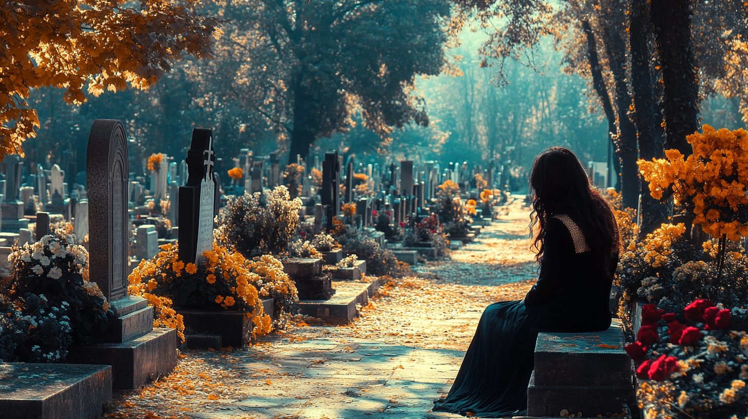 A beautiful brunette near a grave in a cemetery