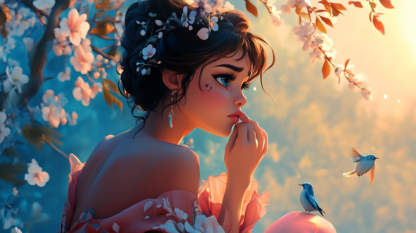 A beautiful fairy tale girl sits pensive.