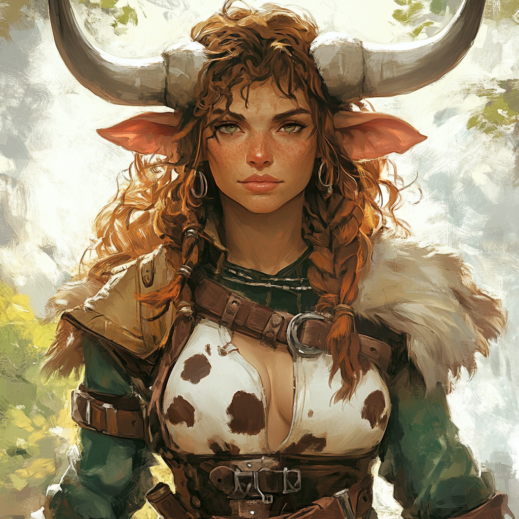 A beautiful female Firbolg barbarian in cow print.