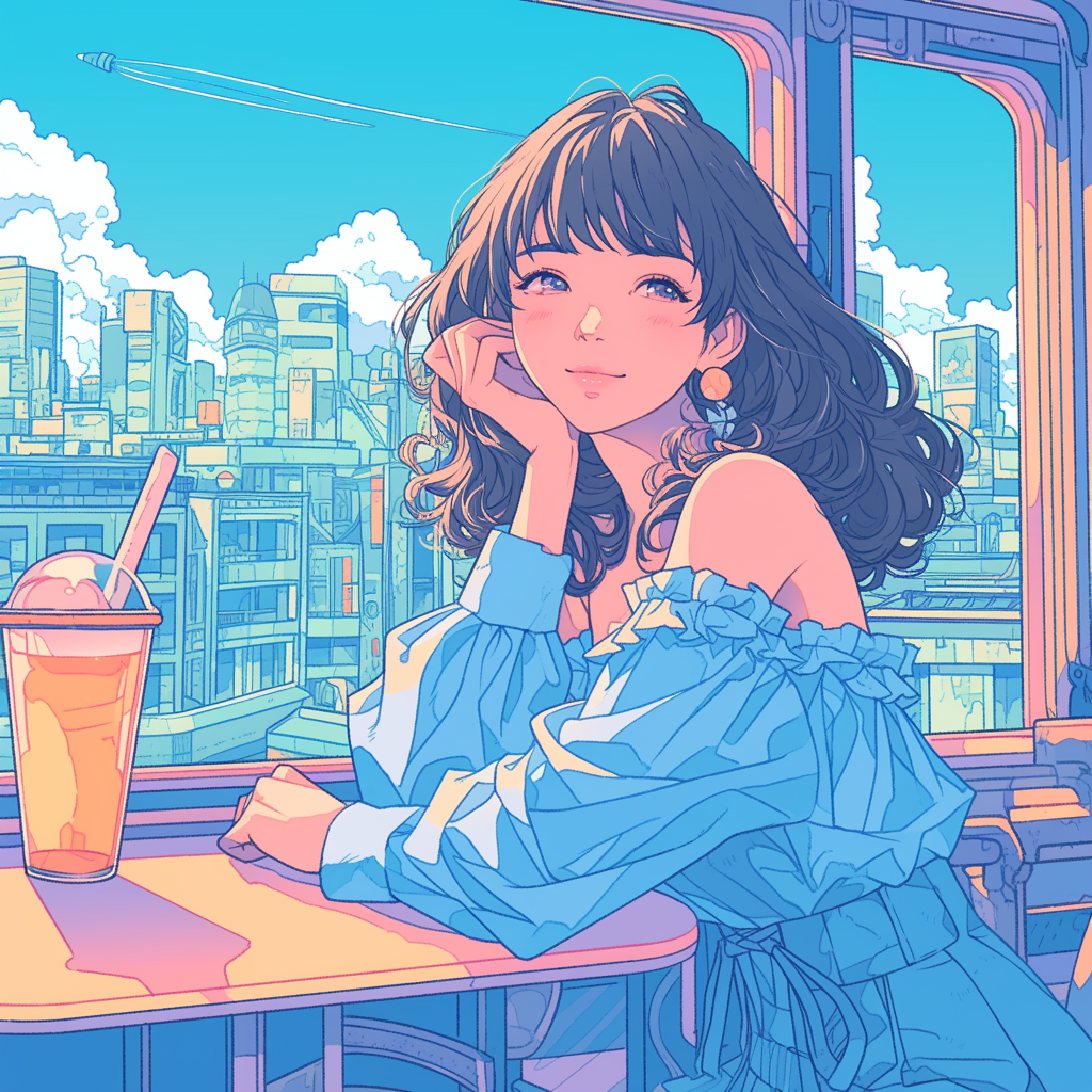 A beautiful girl in retro anime city.