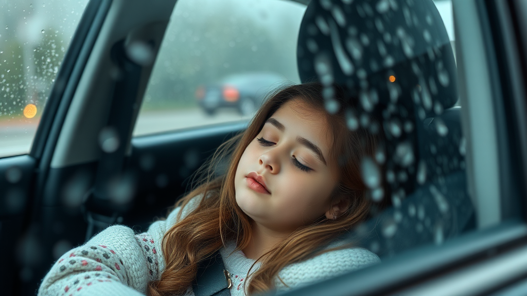 A beautiful girl sleeping in the rainy car.