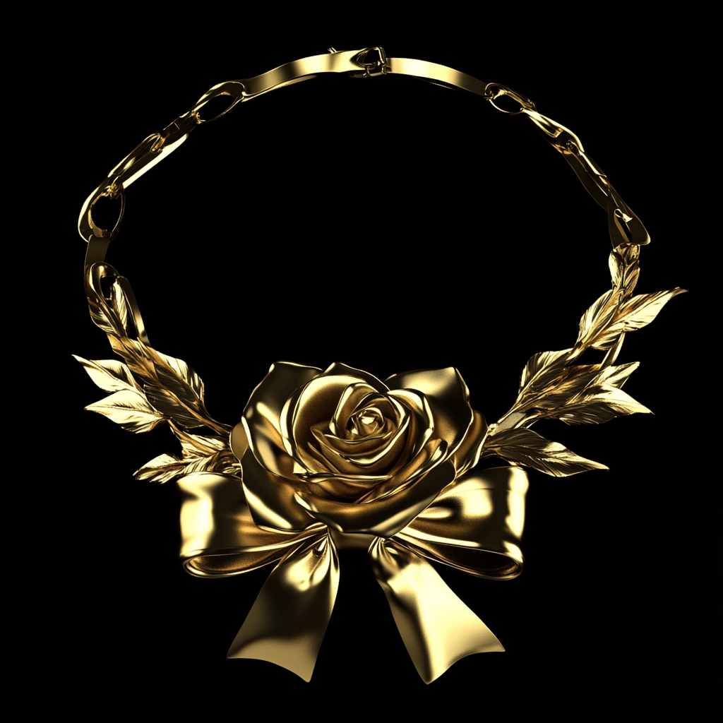 A beautiful gold jewelry necklace with flowers and bow.