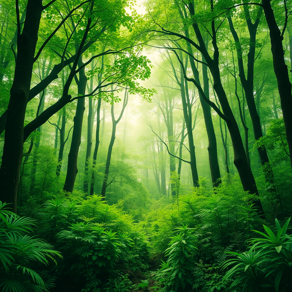 A beautiful green forest with tall trees.