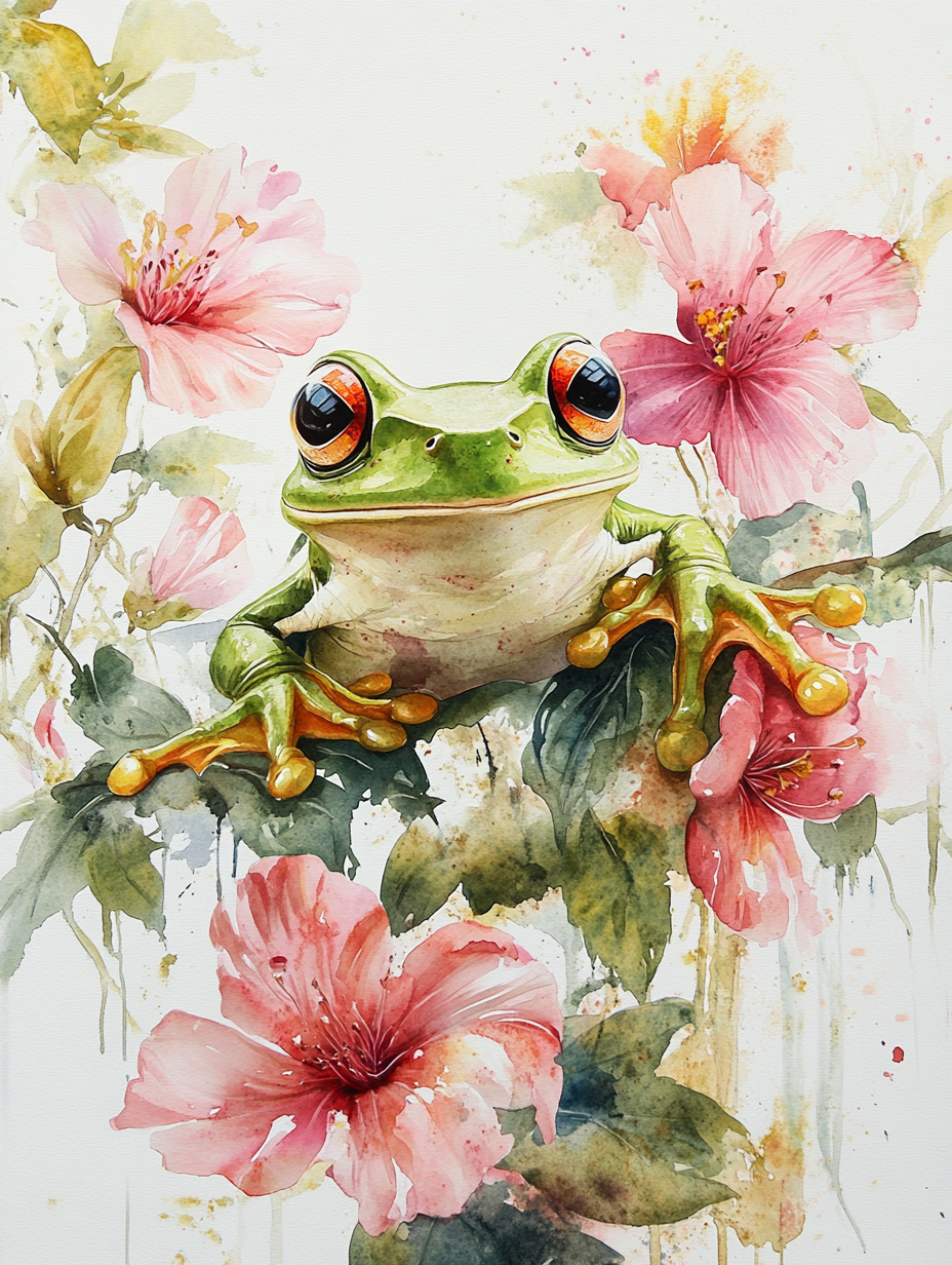 A beautiful green frog in a dreamy watercolor