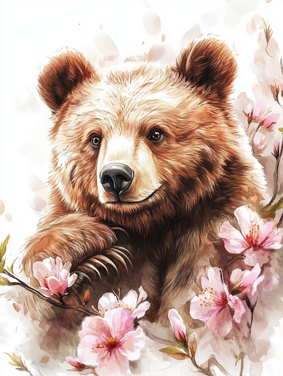 A beautiful happy brown bear in watercolor