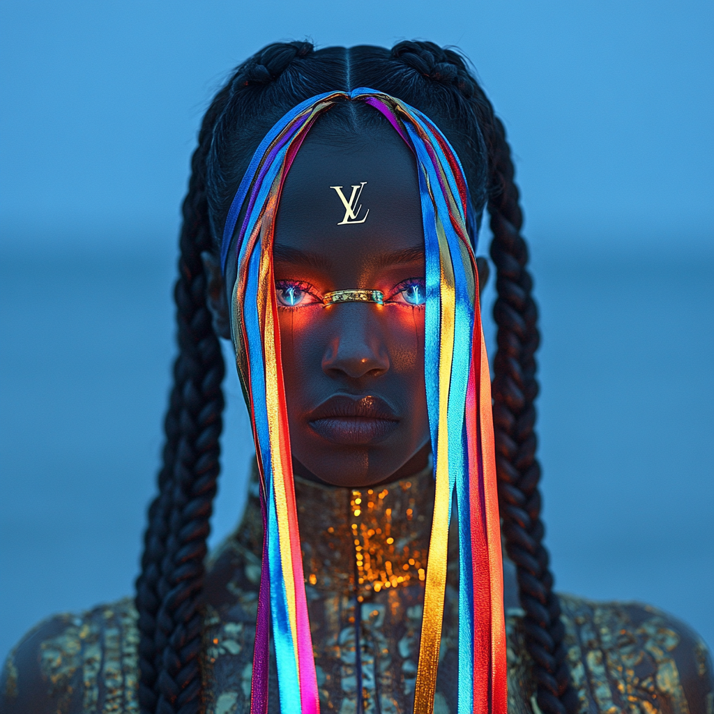 A beautiful horse with braids and Louis Vuitton logo by the sea spotlighted