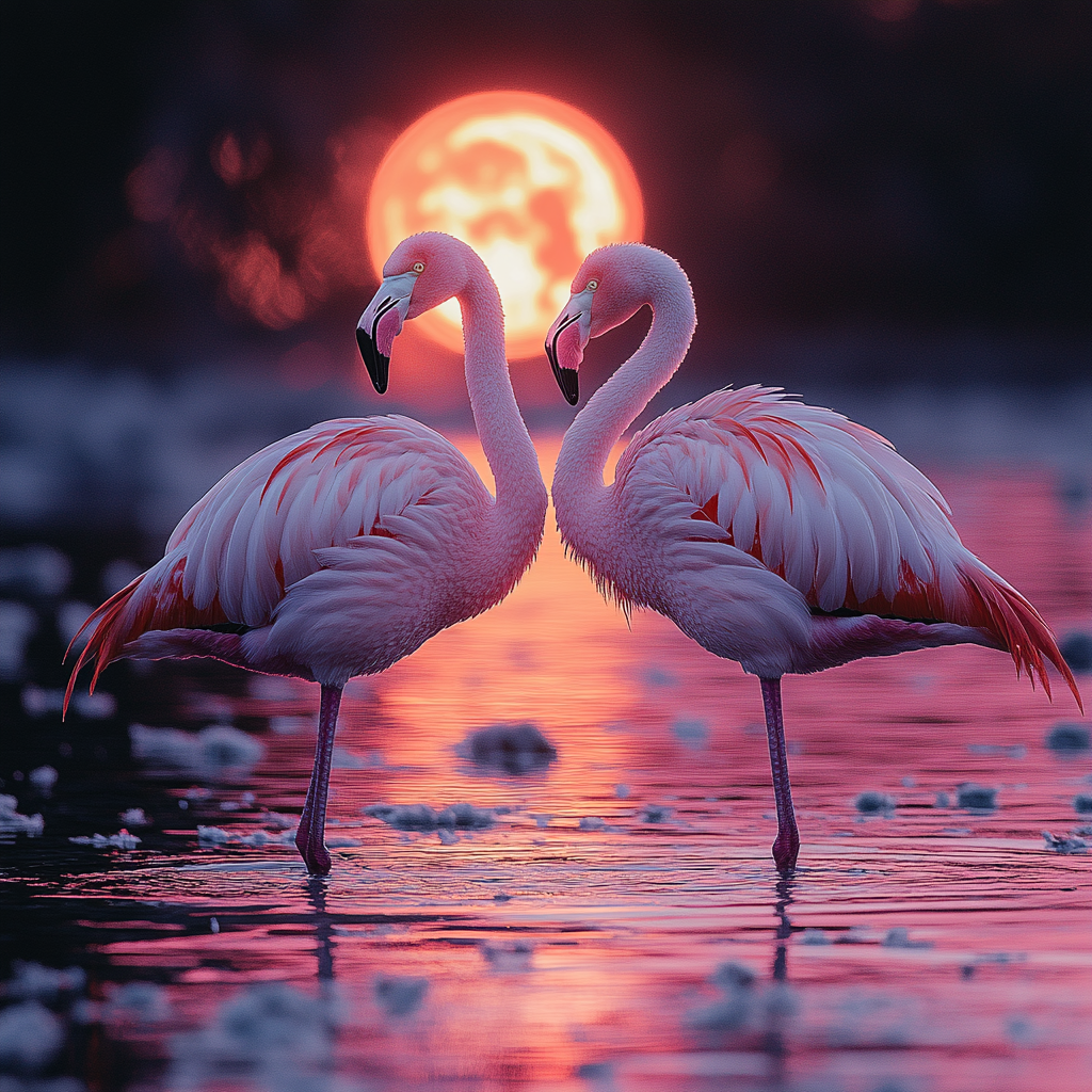 A beautiful image of flamingos under full moon.