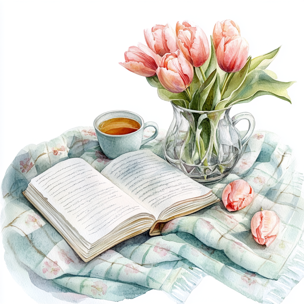 A beautiful journal book with tea and tulips.