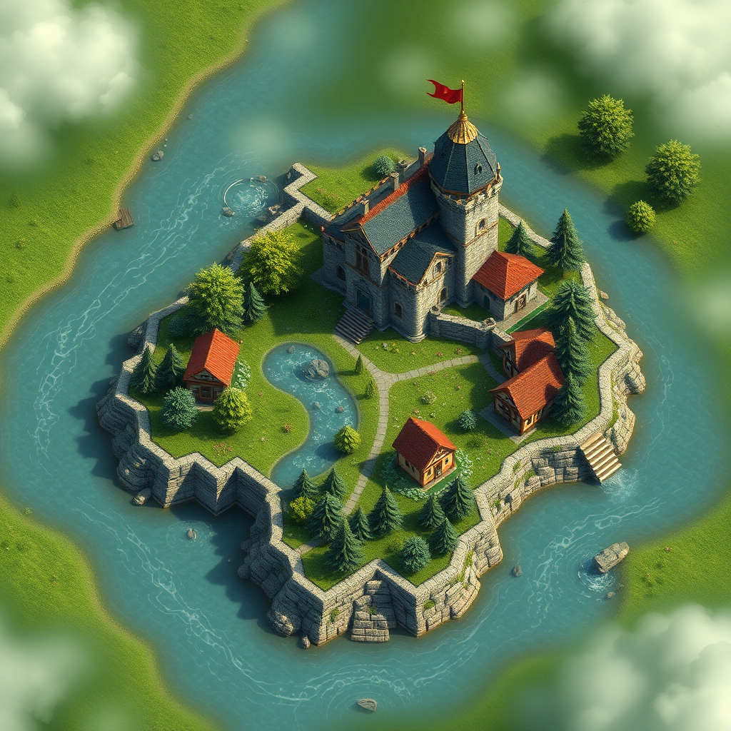 A beautiful map with water, trees, and castles.