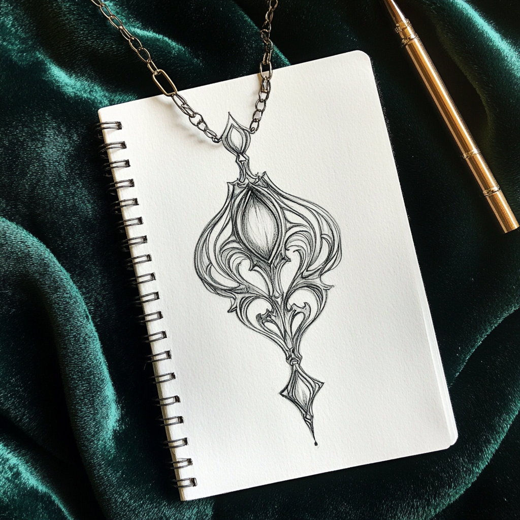 A beautiful pendant drawing on a notebook page.