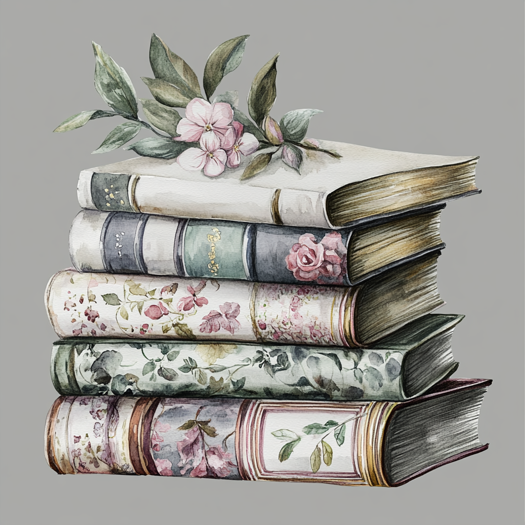 A beautiful pile of books in watercolor illustration.