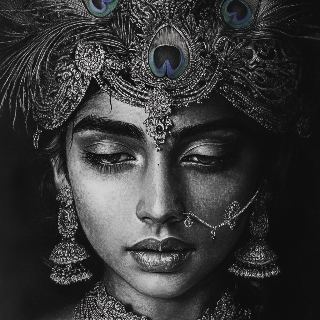 A beautiful portrait of Lord Krishna in charcoal