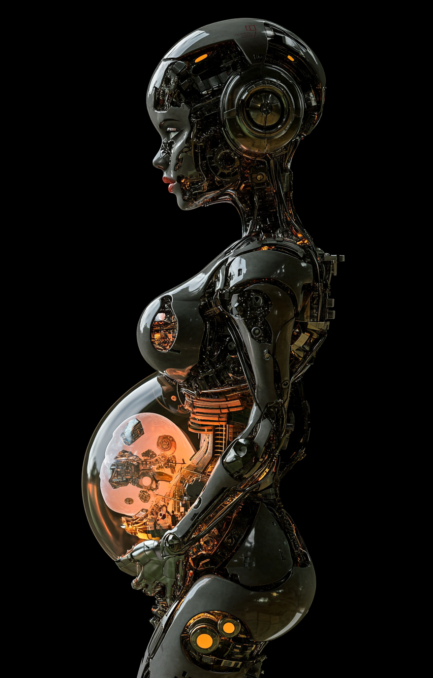 A beautiful pregnant robot woman with intricate details