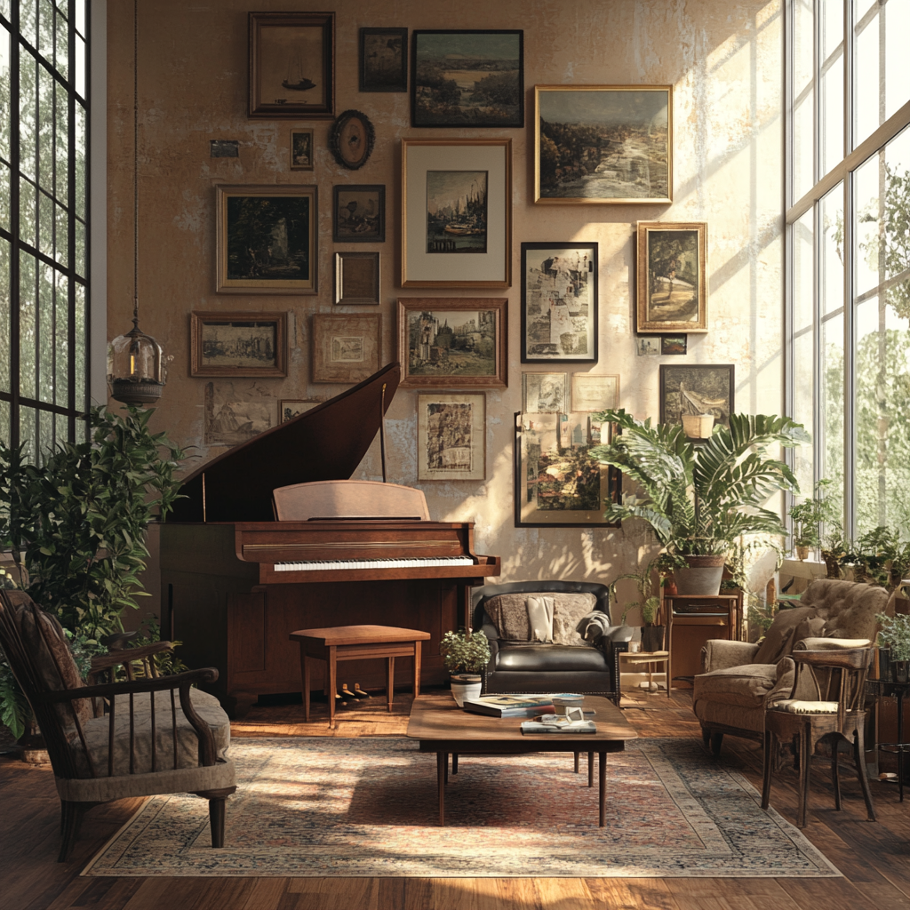 A beautiful room with piano and decorations