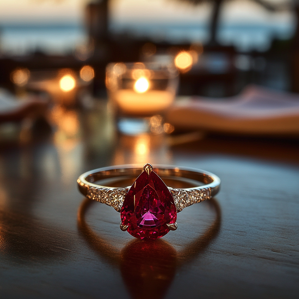 A beautiful ruby engagement ring in romantic setting