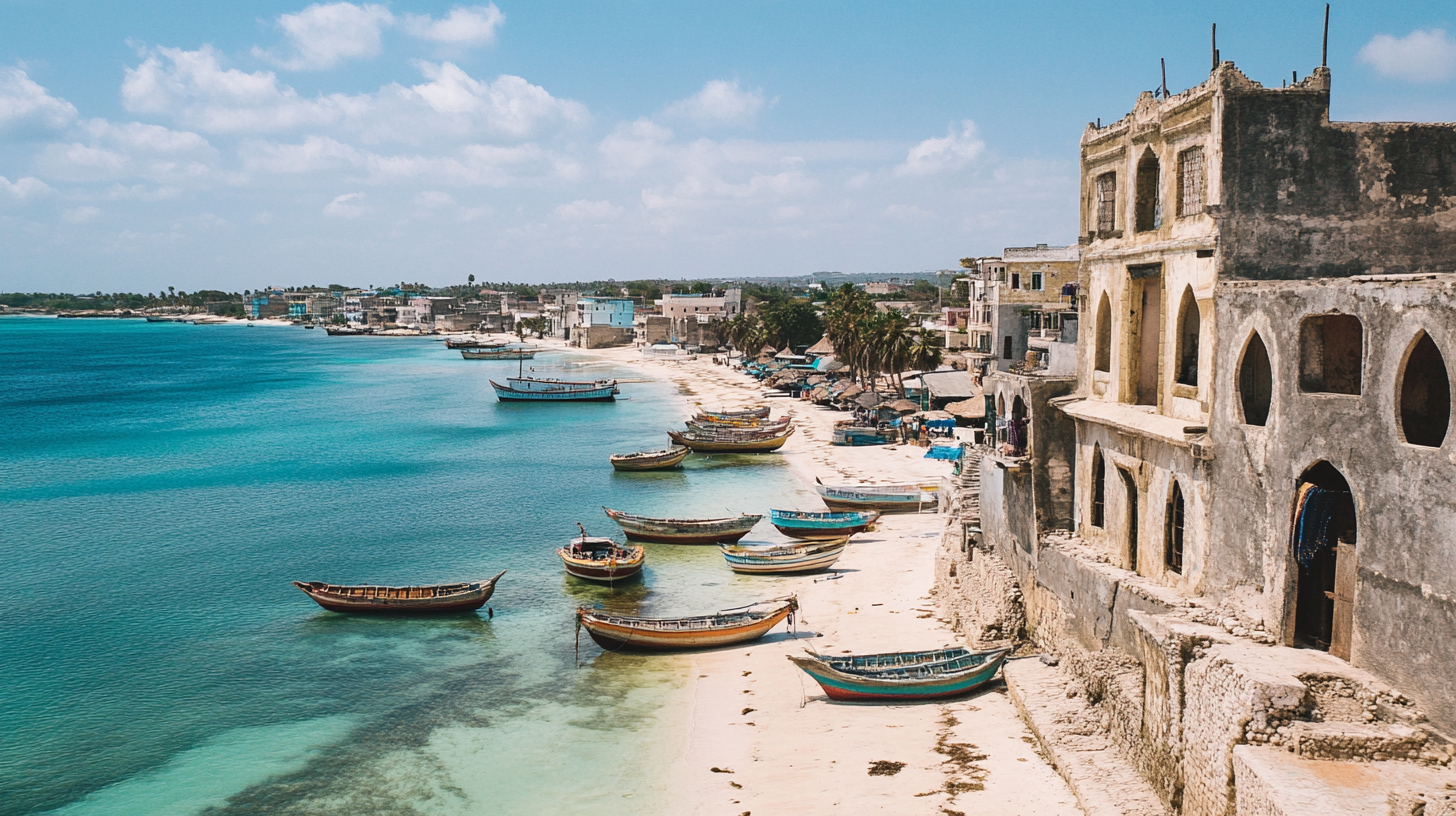 A beautiful seaside scene in Somalia with bustling markets