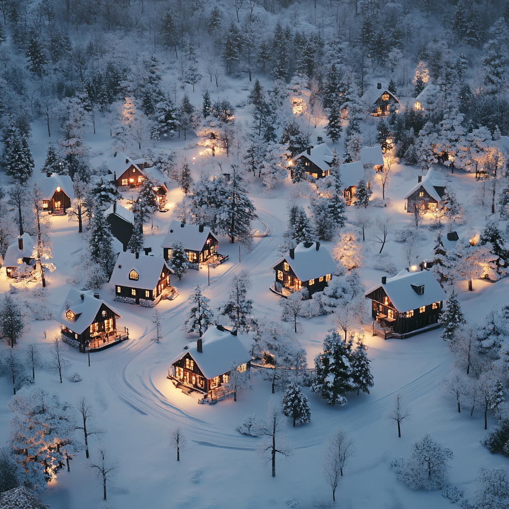 A beautiful snowy Christmas village at dusk