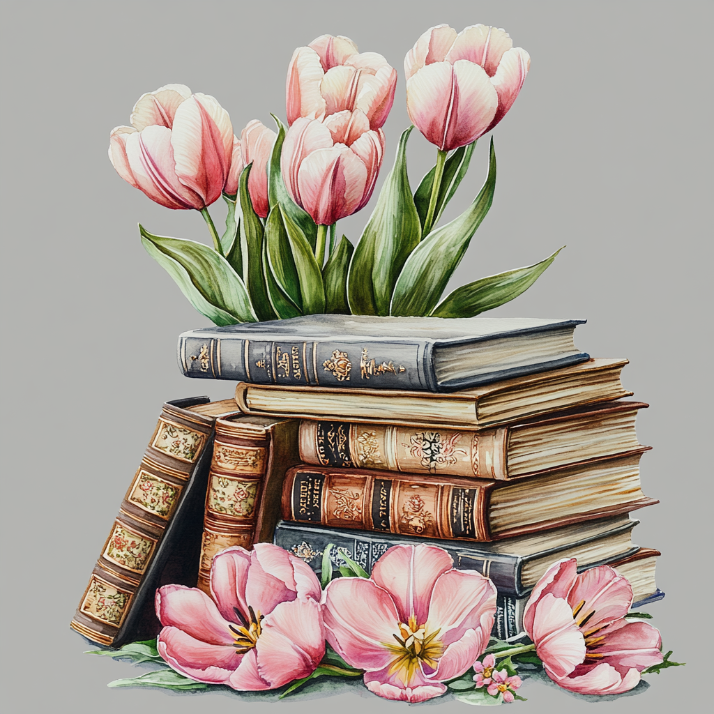 A beautiful stack of books with tulip petals