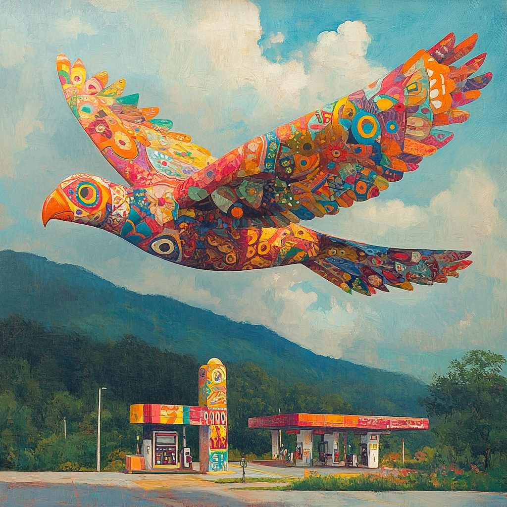 A beautiful sumpango barrilete flying over a gas station