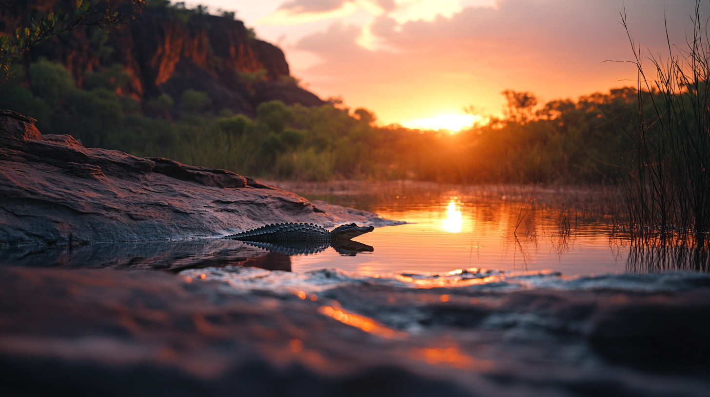 A beautiful sunrise in Kakadu presents small crocodile