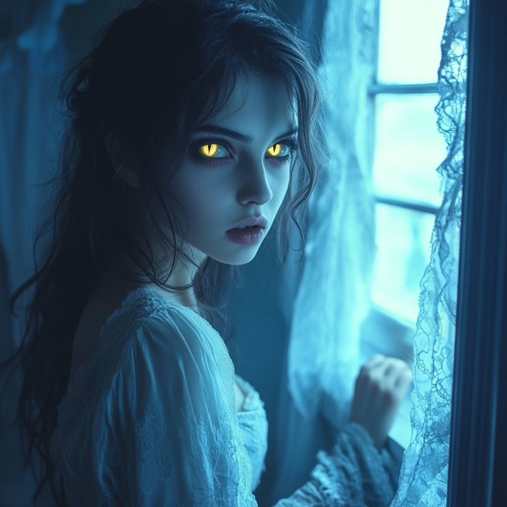 A beautiful vampire approaches through a lit window