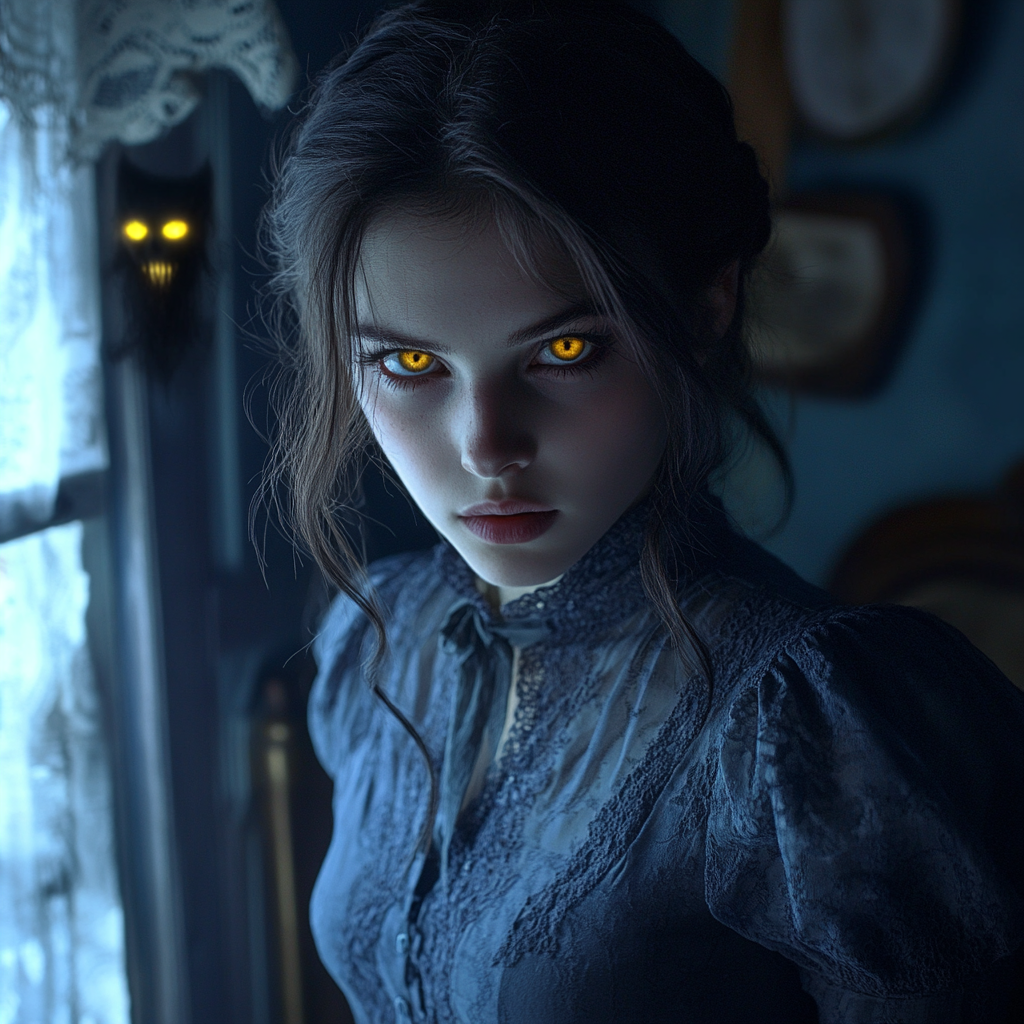 A beautiful vampire in a Victorian bedroom.