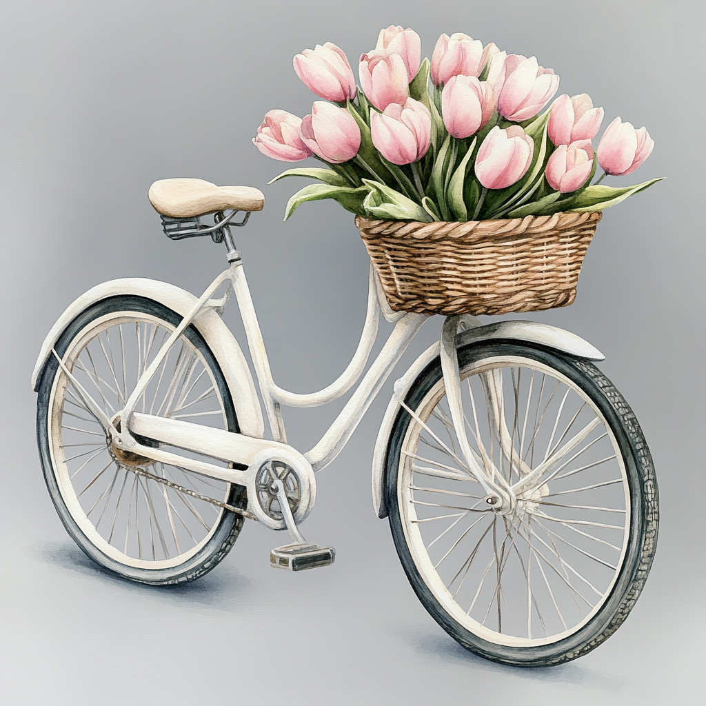 A beautiful vintage bicycle with pink tulips illustration