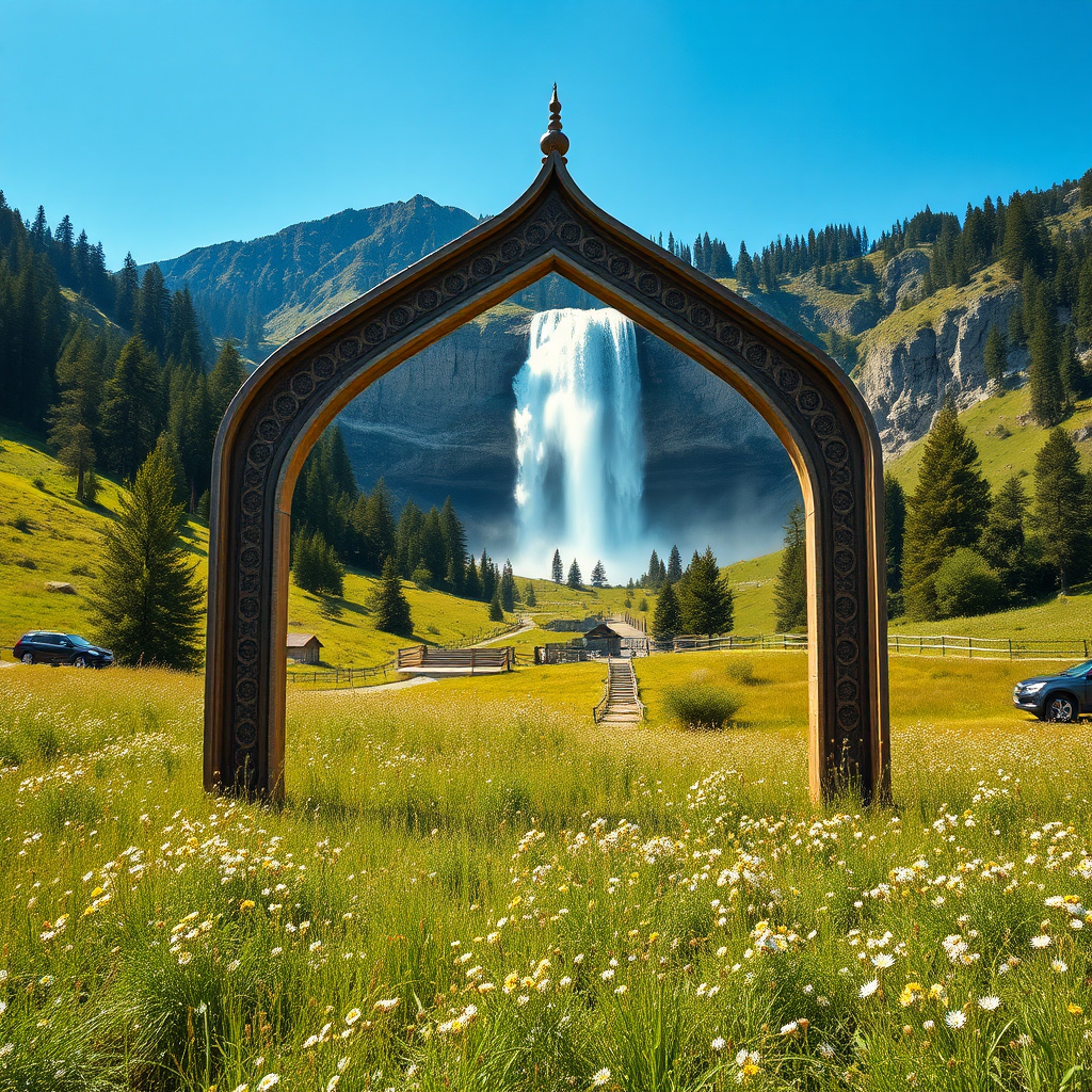 A beautiful waterfall over Islamic photo frame.