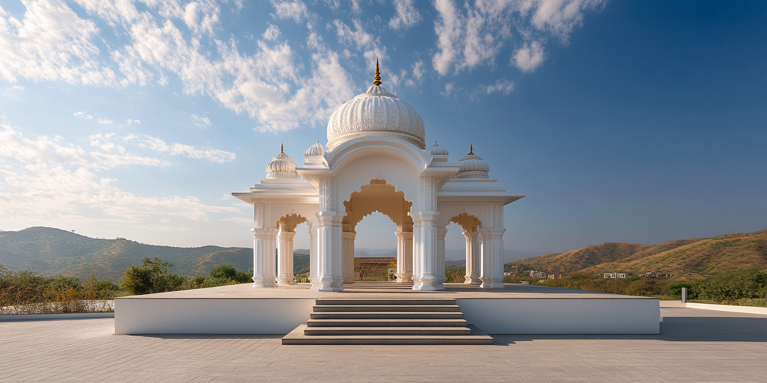 A beautiful white Indian temple under open sky.