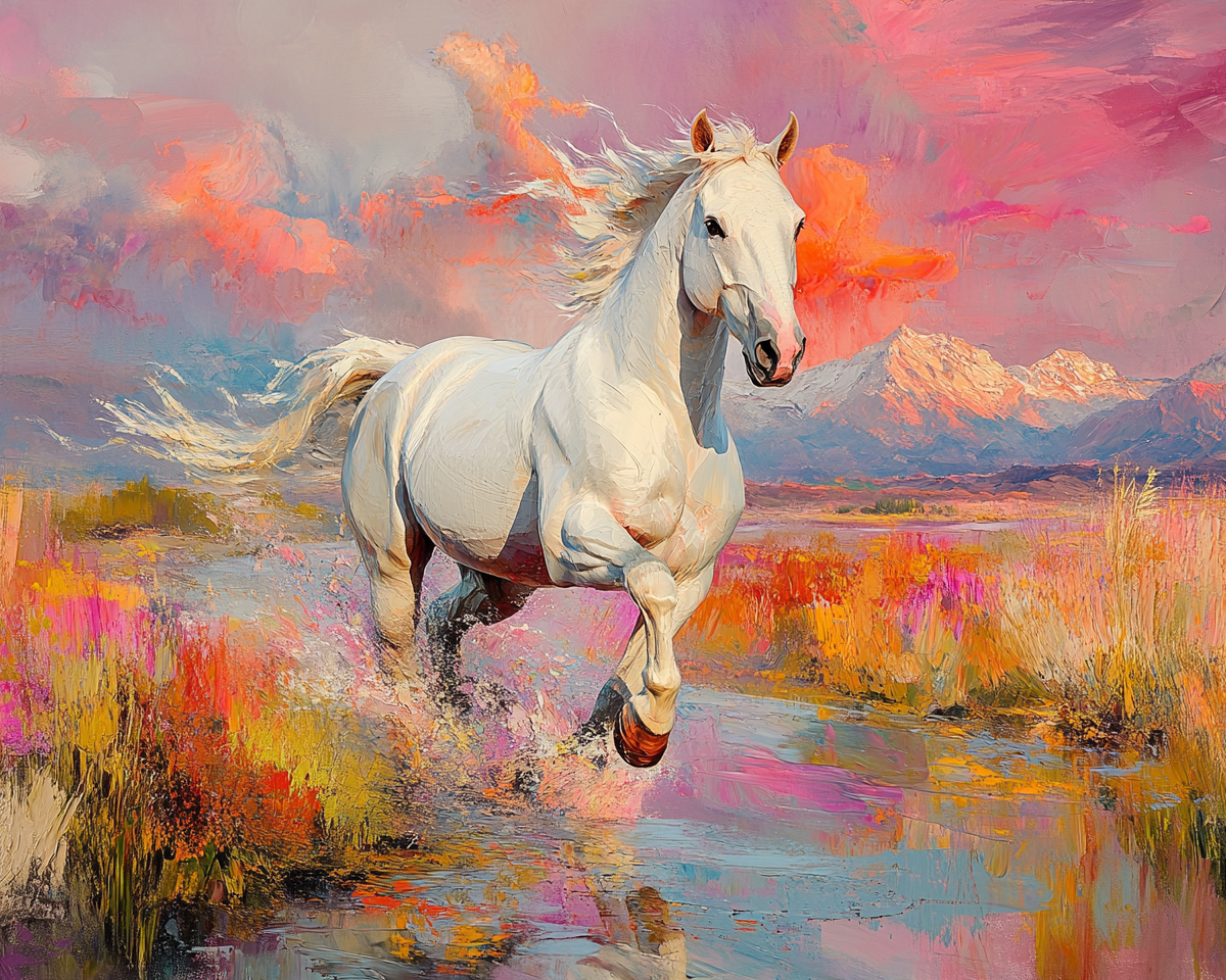 A beautiful white horse running towards you