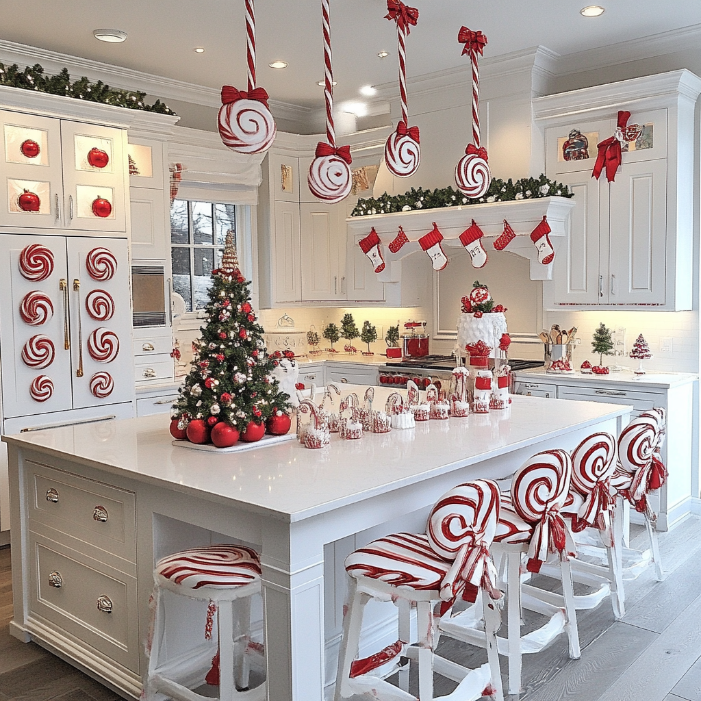 A beautiful white kitchen decorated for Christmas.