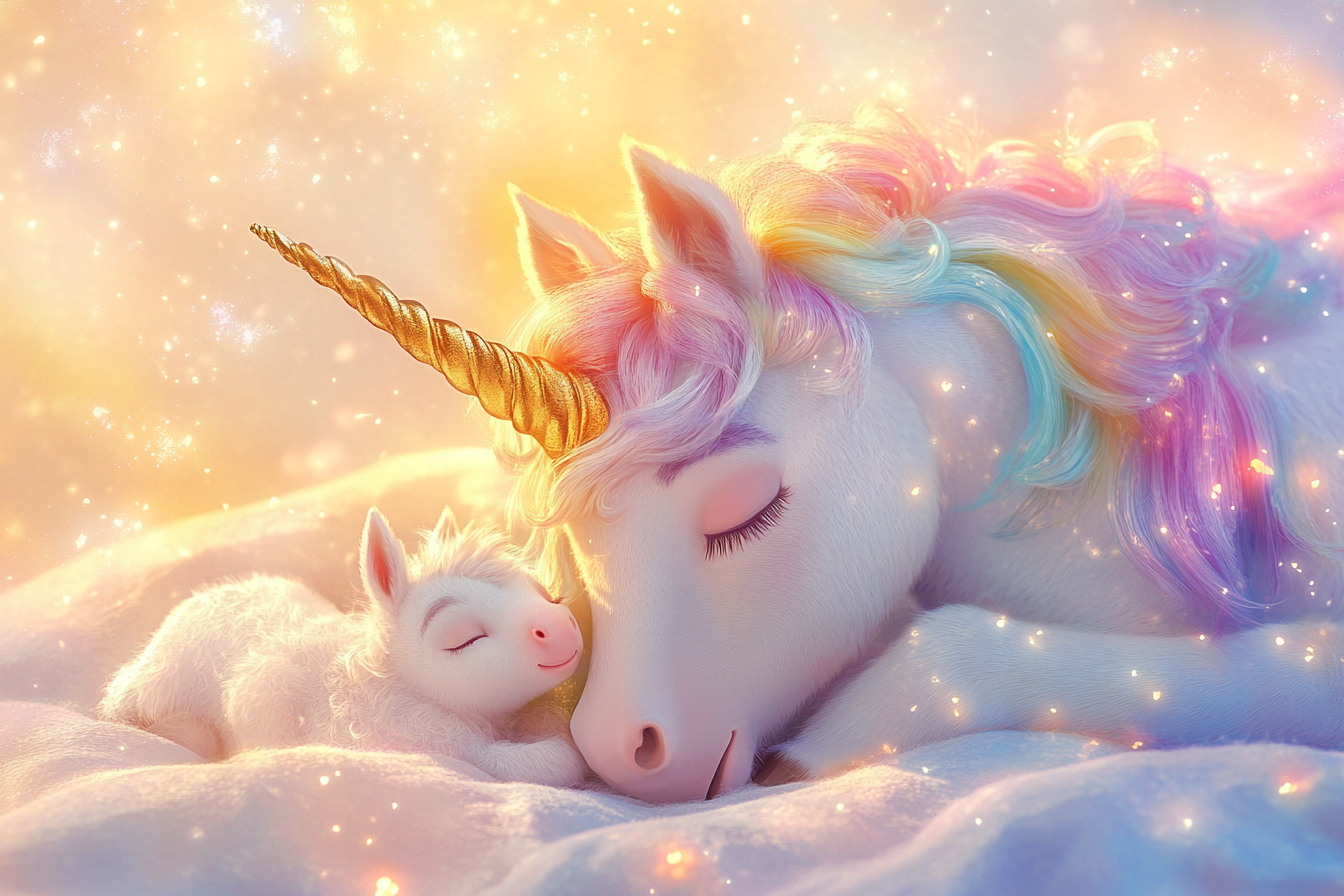 A beautiful white unicorn and baby sleeping