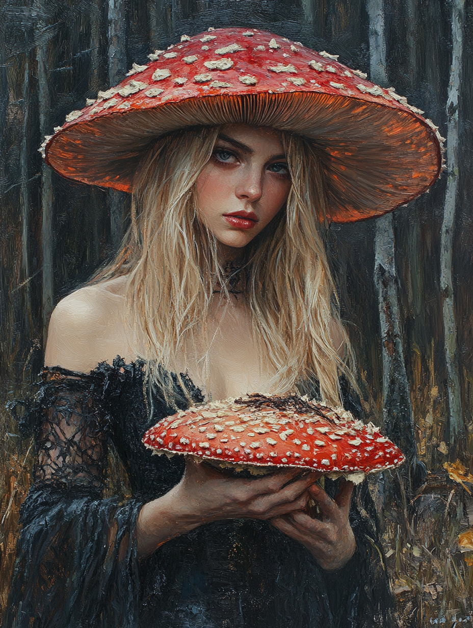 A beautiful witch with a toadstool in the forest