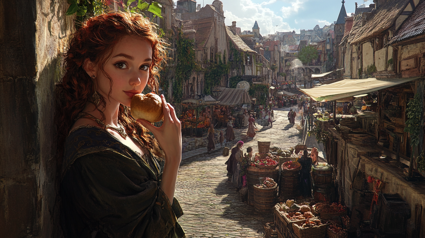 A beautiful woman eats bun in fantasy town.