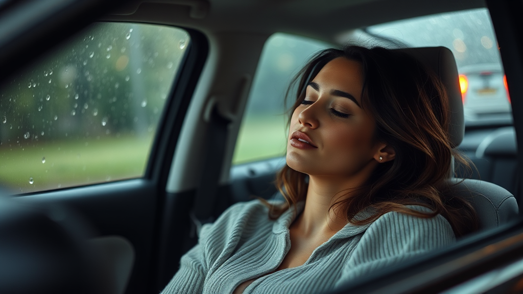 A beautiful woman sleeping in car as rain falls.