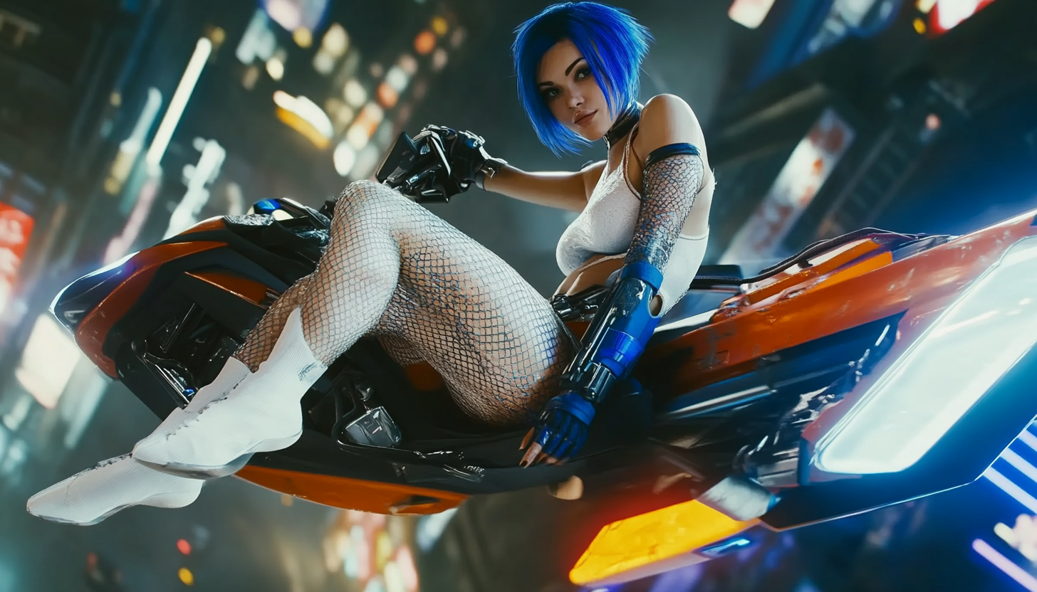 A beautiful woman with blue hair rides futuristic bike