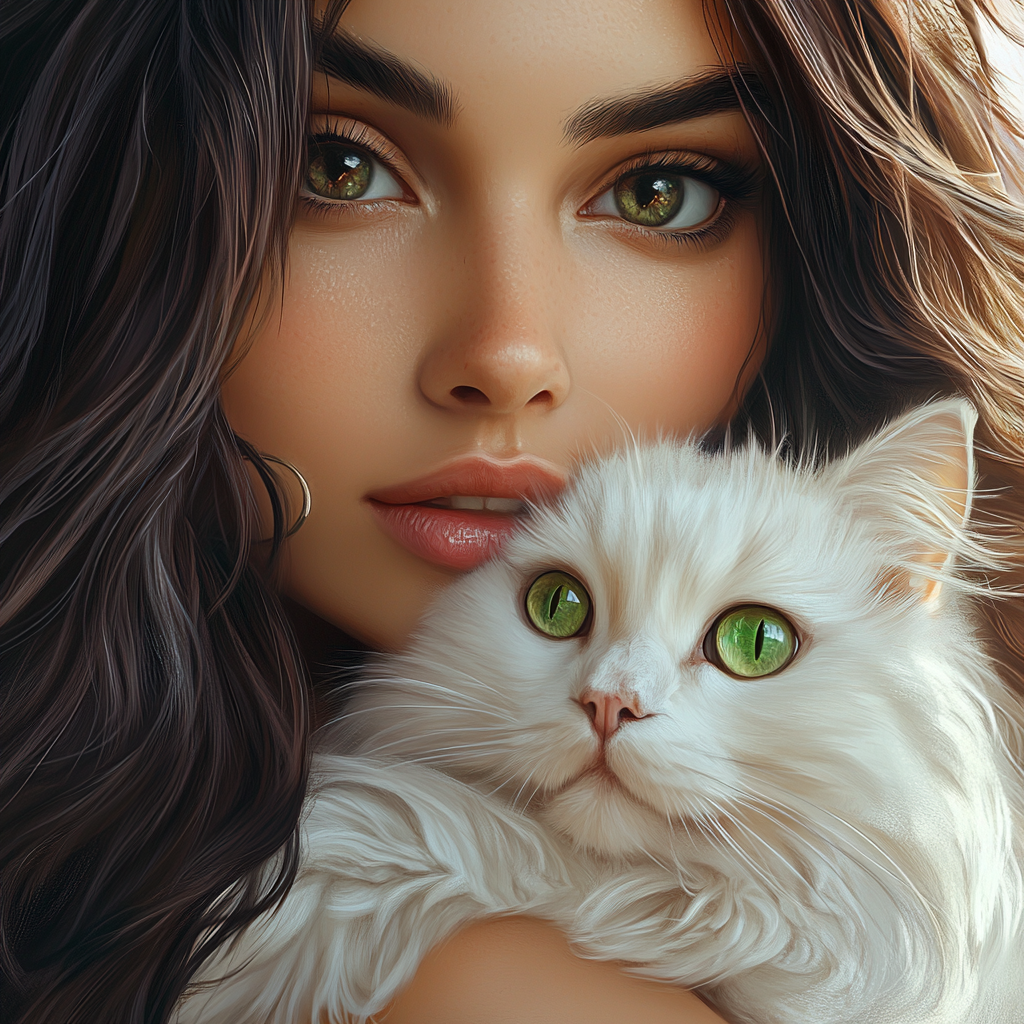 A beautiful woman with her white cat