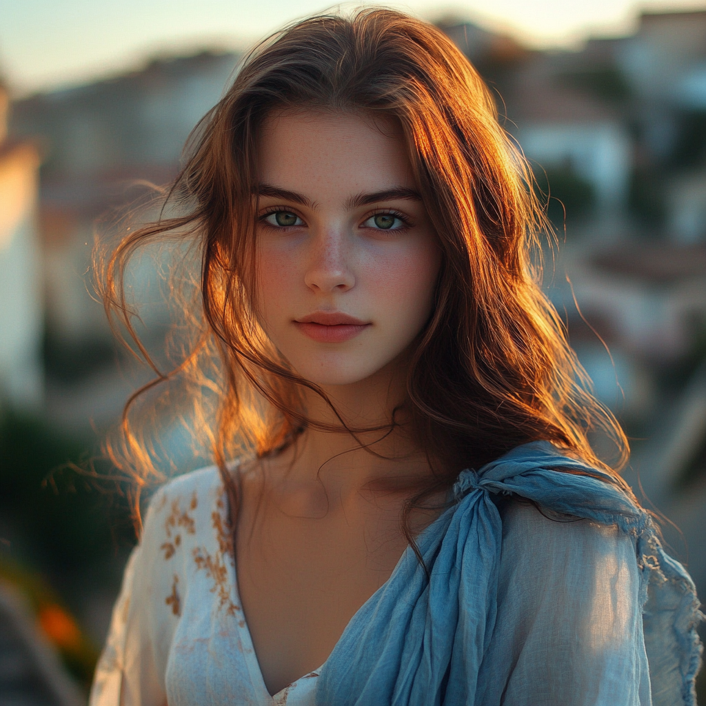 A beautiful young lady in quaint European village