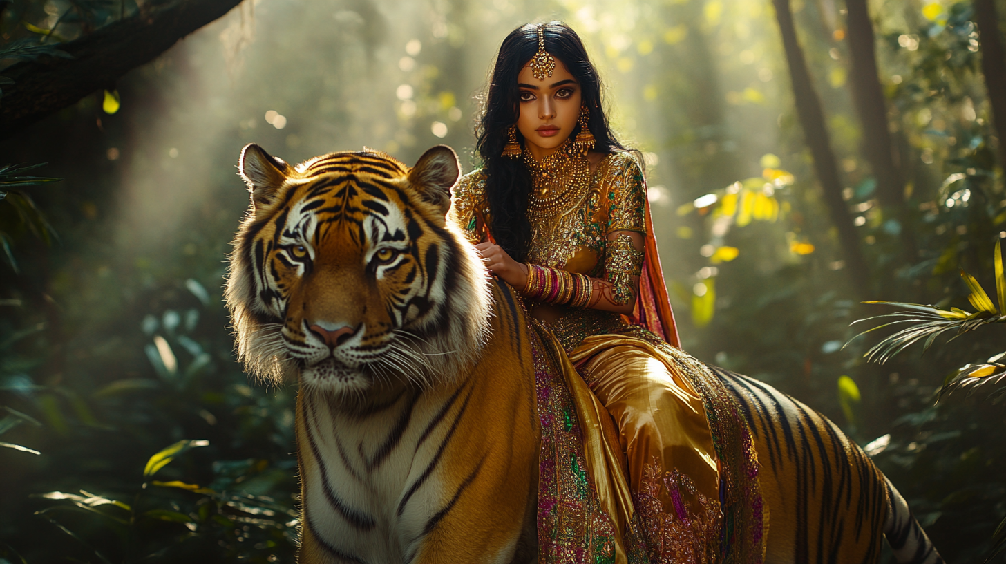 A beautiful young woman rides tiger through jungle