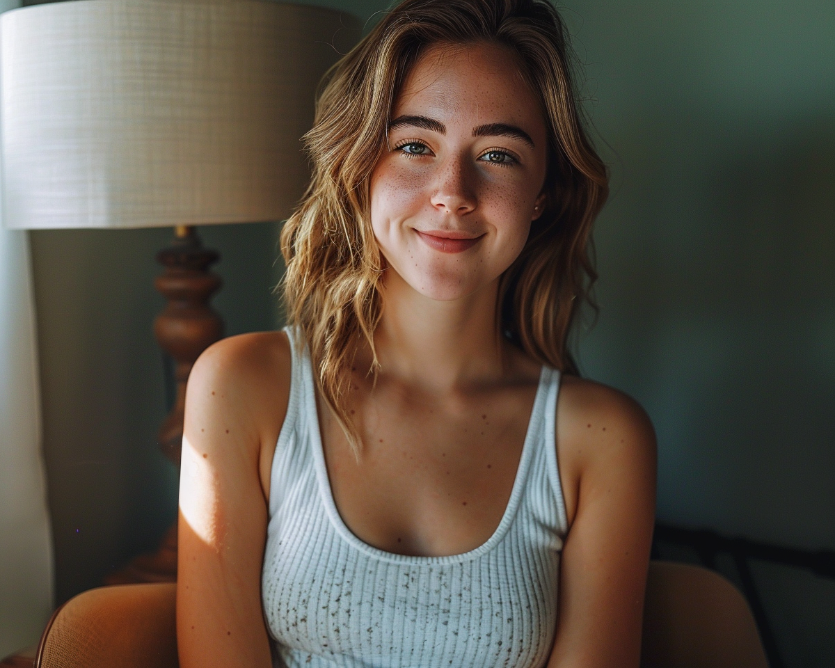 A beautiful young woman smiling in bedside chair.