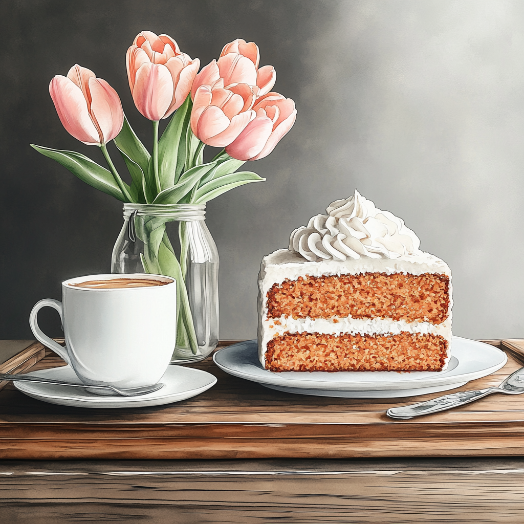 A beautifully decorated carrot cake with coffee.