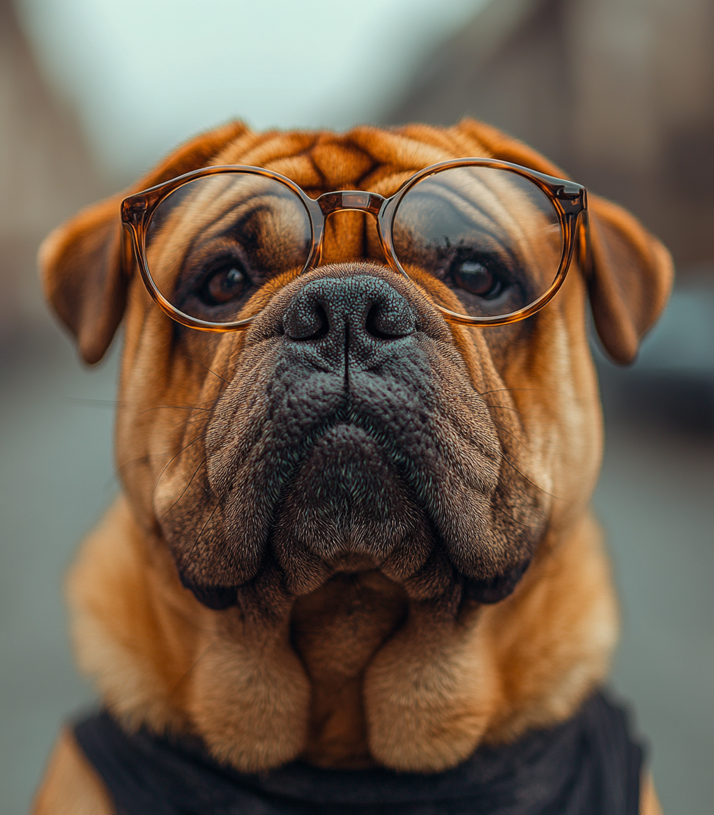 A big Alabai Dog in glasses on street.