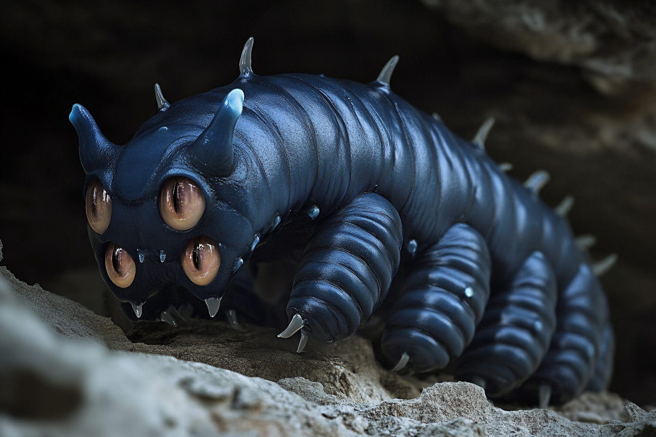 A big blue caterpillar monster on cave roof.