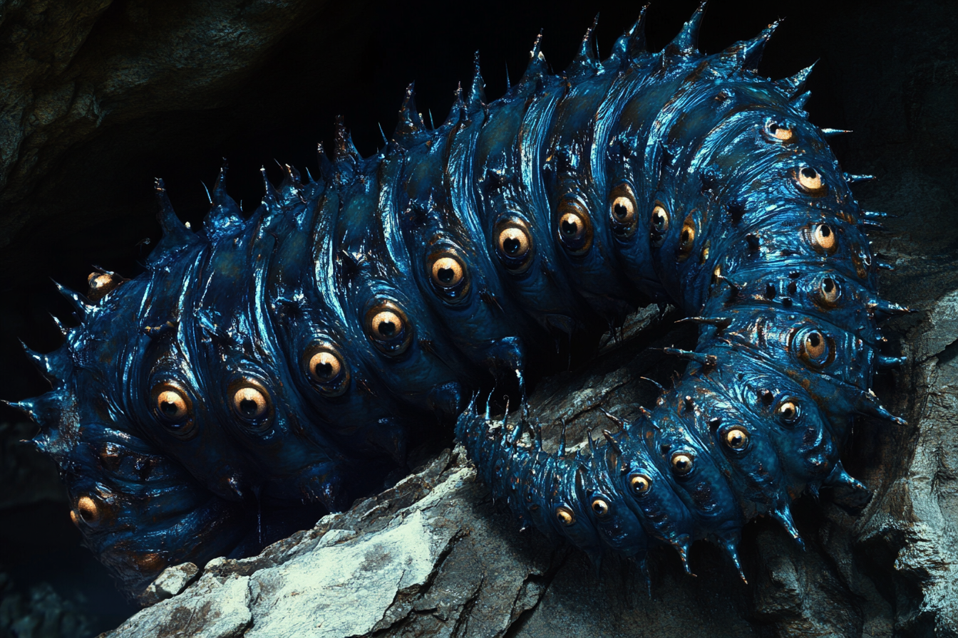 A big blue caterpillar monster with lots of eyes.