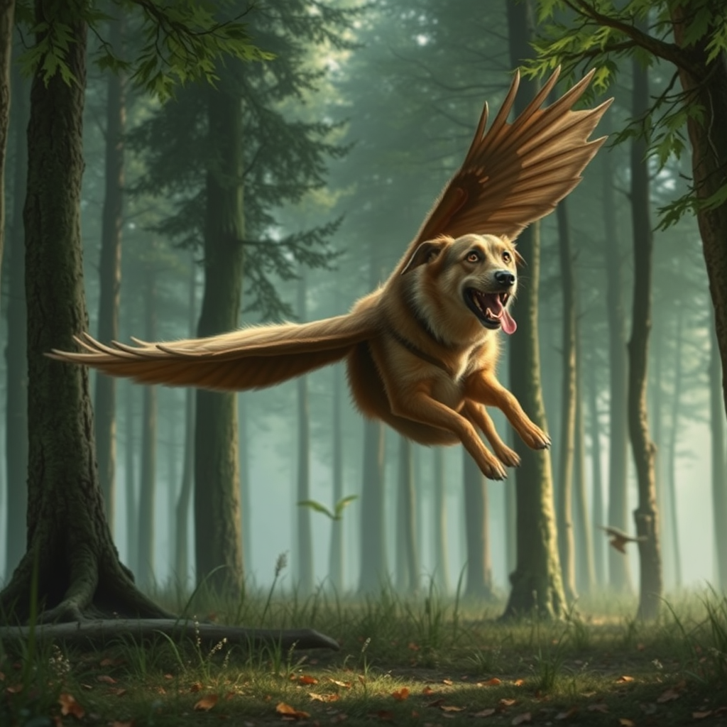 A big flying dog in the forest.