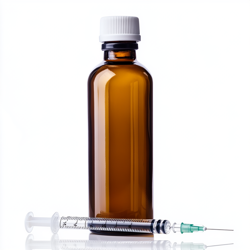 A big medicine bottle with syringe of liquid