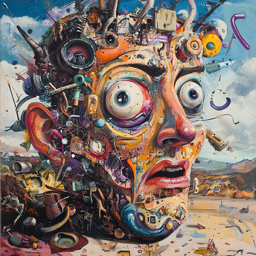A bizarre, colorful, futuristic animal-human face painting